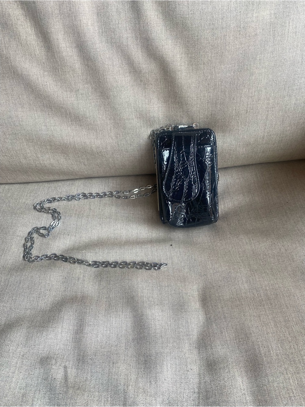 Metropolitan Black Patent Croc-Embossed Mini Crossbody with Silver Chain